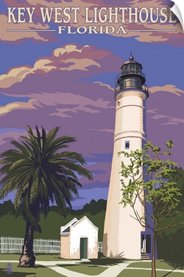 Key West Lighthouse, Florida Sunset Scene: Retro Travel Poster