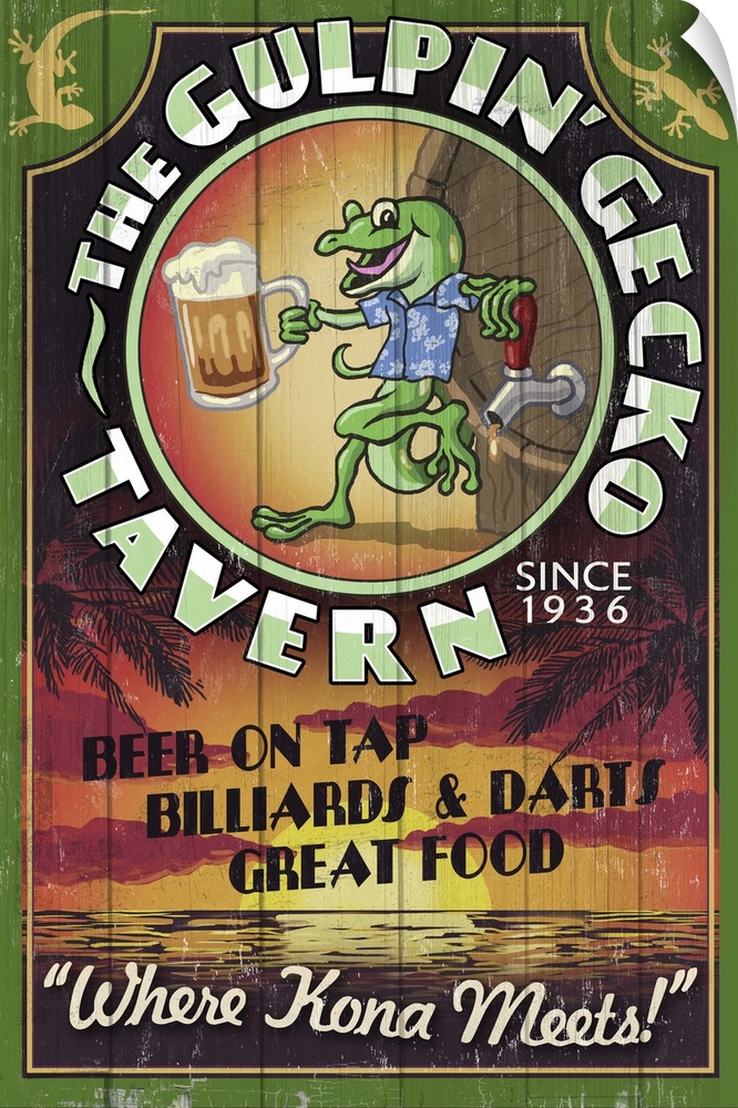 Retro stylized art poster of sign for a beer, with an illustrated gecko holding a beer mug.