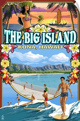 Kona, Hawaii - Montage Scene: Retro Travel Poster