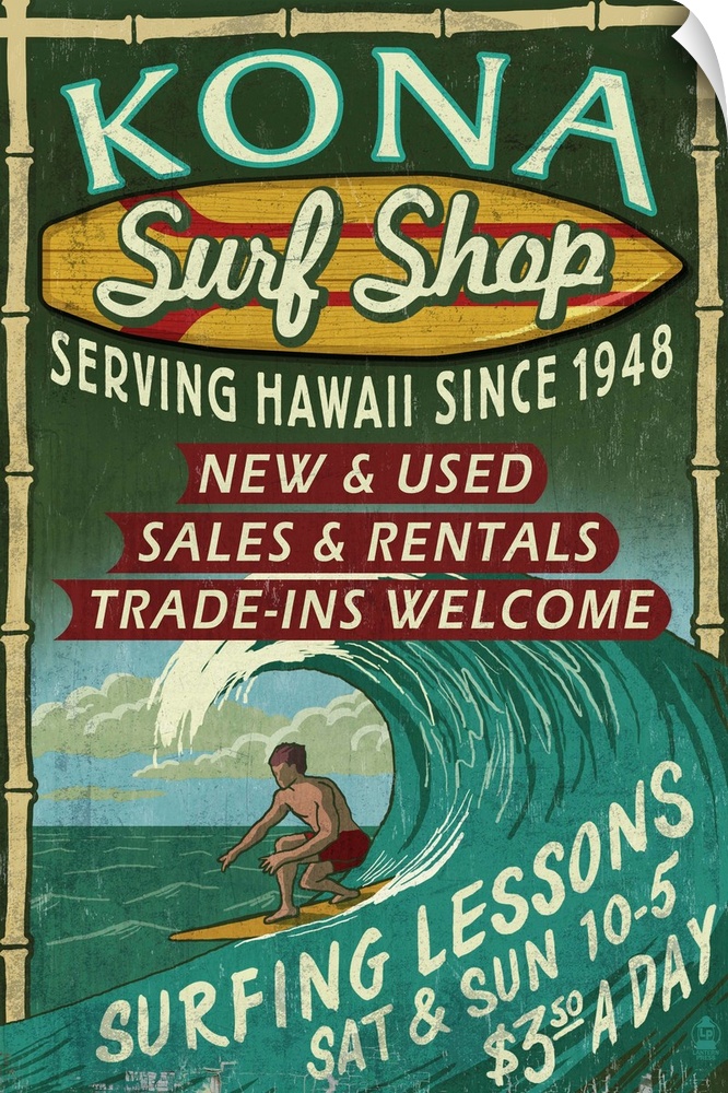 Retro stylized art poster of a vintage sign, with a surfer in a curled wave.