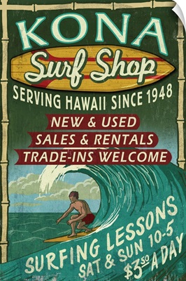 Kona, Hawaii - Surf Shop Vintage Sign: Retro Travel Poster