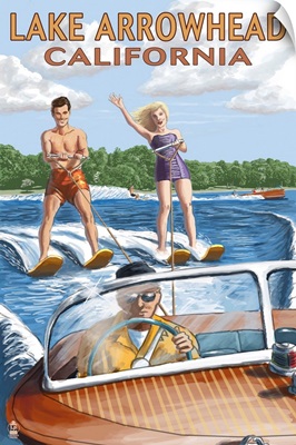 Lake Arrowhead - California - Waterskiers: Retro Travel Poster