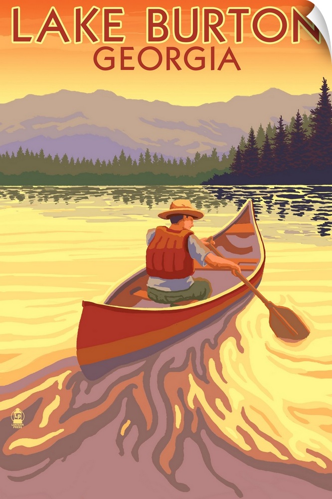 Retro stylized art poster of a man in a canoe paddling toward a line of trees at sunset.