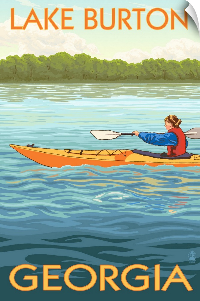Retro stylized art poster of a woman in a kayak paddling in clear blue water.