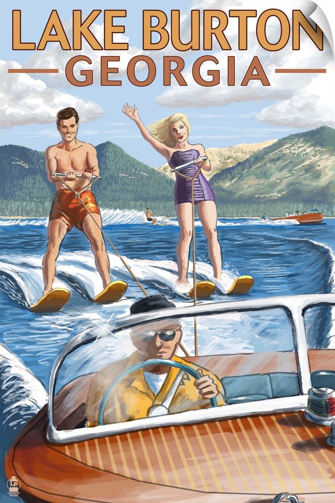 Retro stylized art poster of a happy couple waterskiing. Being pulled by a wooden speed boat.