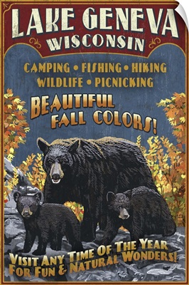 Lake Geneva, Wisconsin - Black Bears Vintage Sign: Retro Travel Poster