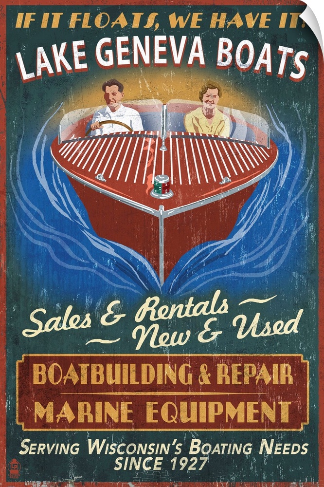 Lake Geneva, Wisconsin - Boat Shop Vintage Sign: Retro Travel Poster