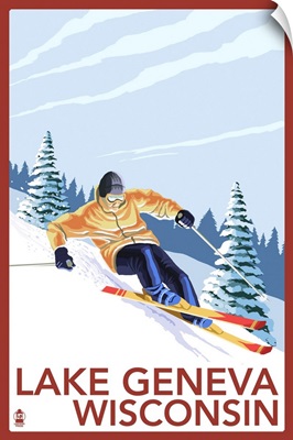 Lake Geneva, Wisconsin - Downhill Skier: Retro Travel Poster