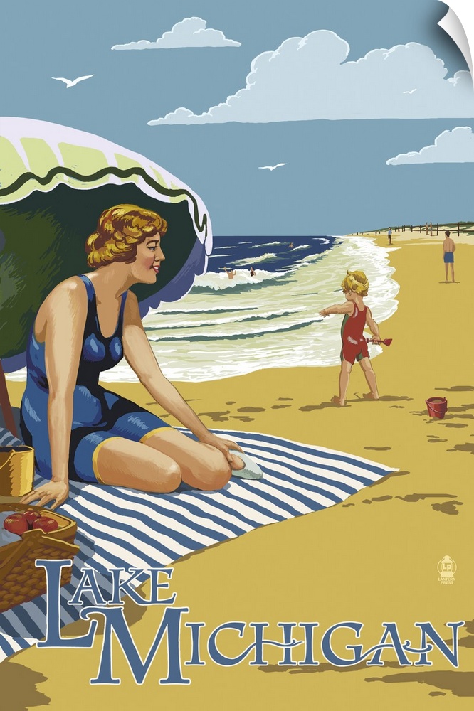 Retro stylized art poster of a woman sitting on a blanket under an umbrella on the beach.