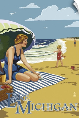 Lake Michigan - Beach Scene: Retro Travel Poster