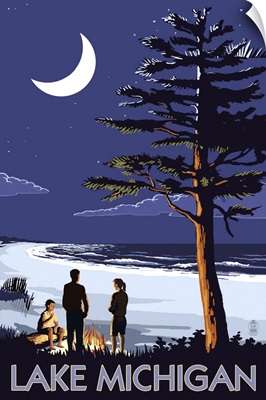 Lake Michigan - Bonfire at Night Scene: Retro Travel Poster