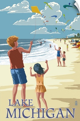 Lake Michigan - Children Flying Kites: Retro Travel Poster