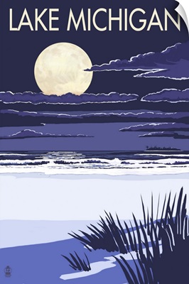 Lake Michigan - Full Moon Night Scene: Retro Travel Poster