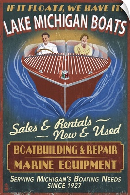 Lake Michigan, Michigan - Boat Shop Vintage Sign: Retro Travel Poster