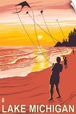 Lake Michigan - Sunset Kite Flyers: Retro Travel Poster