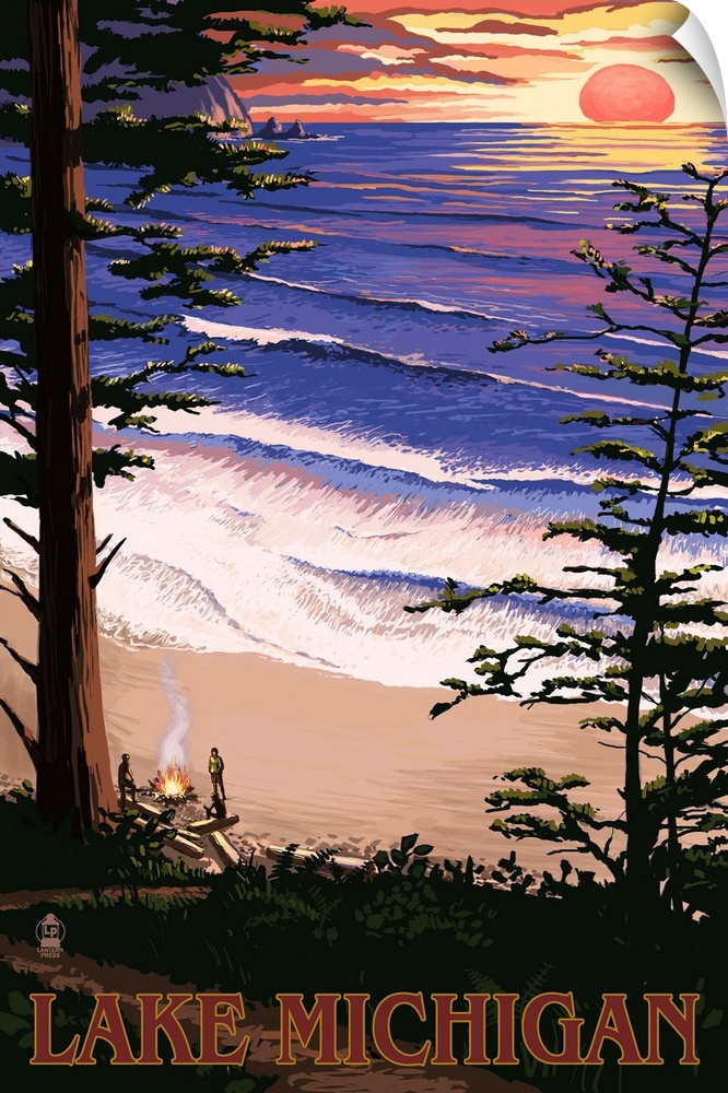 Retro stylized art poster of a sun setting over a crystal blue ocean. Viewed through a dense forest.