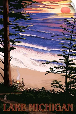 Lake Michigan - Sunset on Beach: Retro Travel Poster