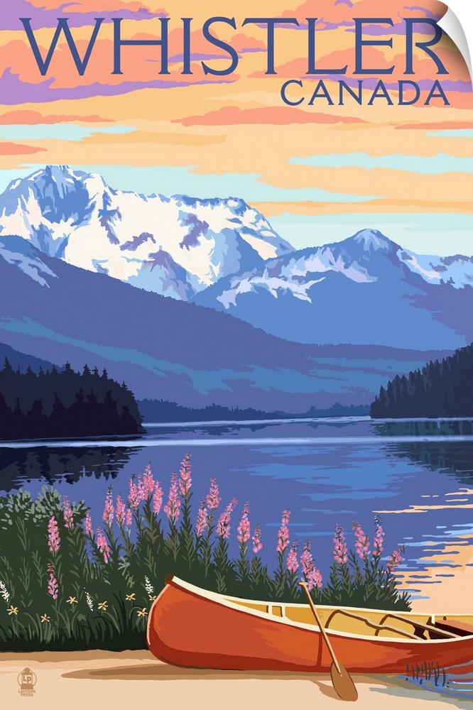 Lake Scene and Canoe - Whistler, Canada: Retro Travel Poster
