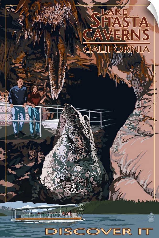 Lake Shasta Caverns, California - Cave and Catamaran: Retro Travel Poster