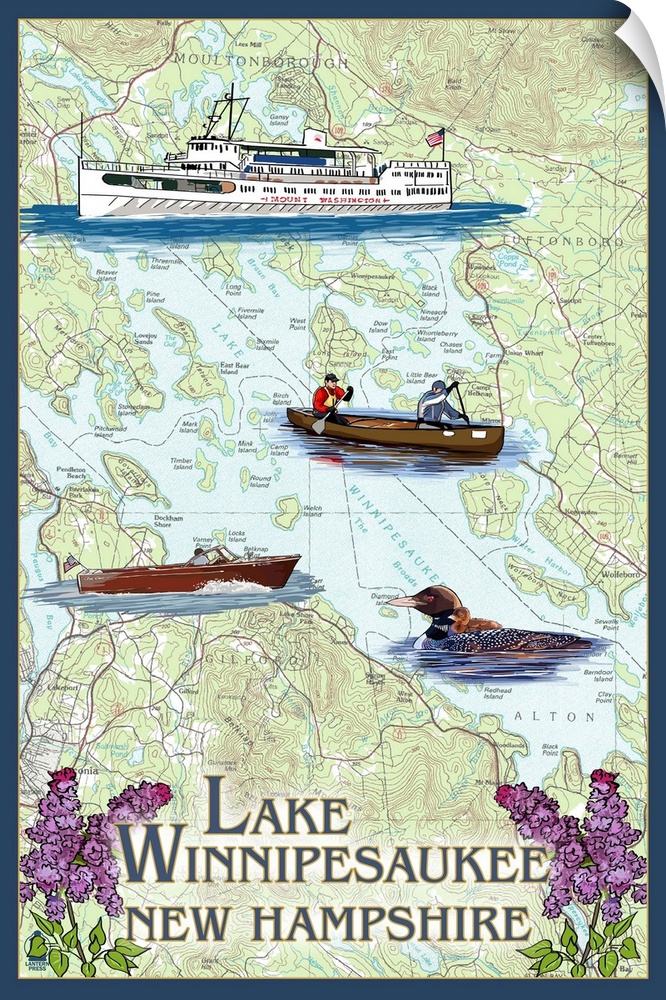 Lake Winnipesaukee, New Hampshire - Lake Chart: Retro Travel Poster