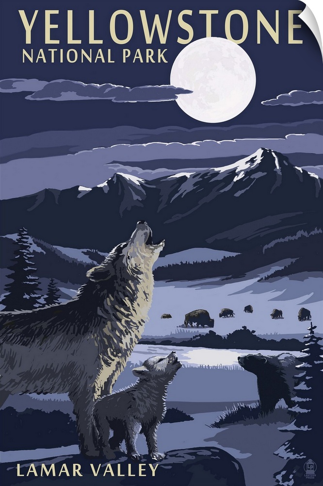 Retro stylized art poster of a mother wolf and cub howling up at the moon.