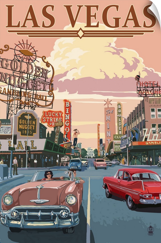 Retro stylized art poster of a city scene, with cars driving down the road alongside of casinos.
