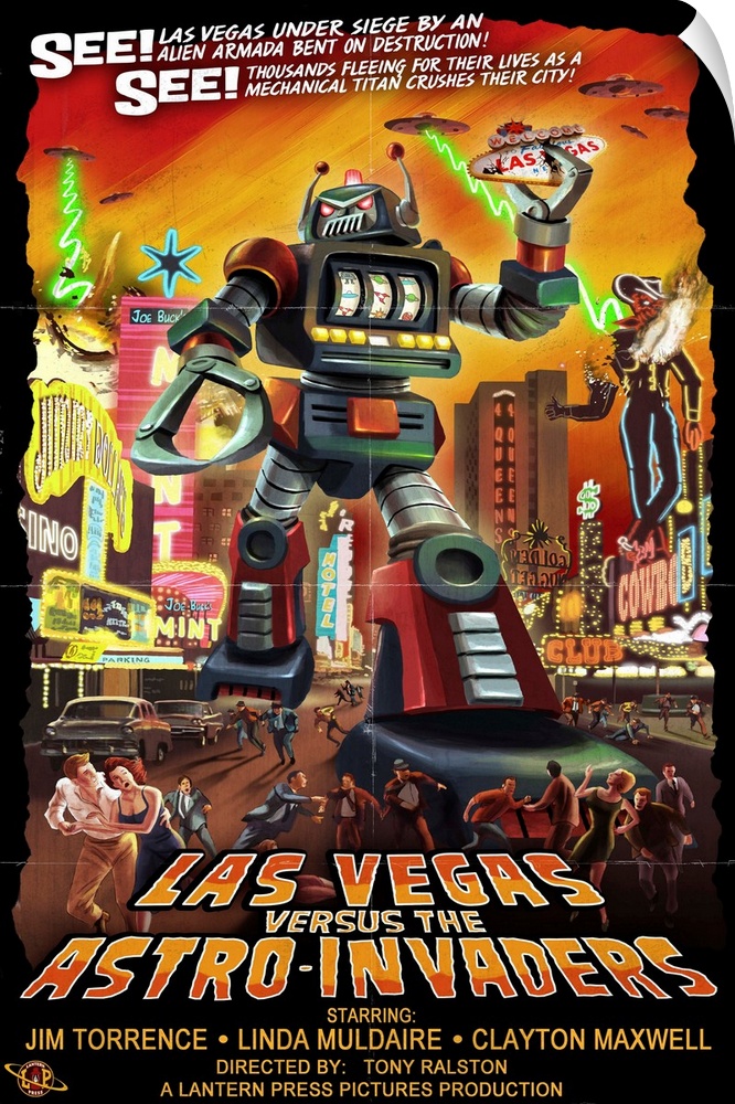 Retro stylized art poster of robot space invader terrorizing a city.