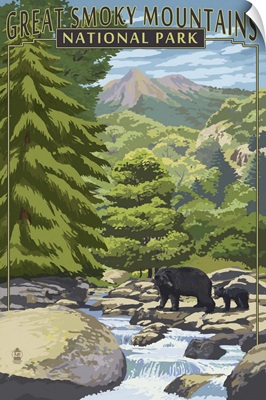 Leconte Creek and Bears - Great Smoky Mountains National Park, TN: Retro Travel Poster