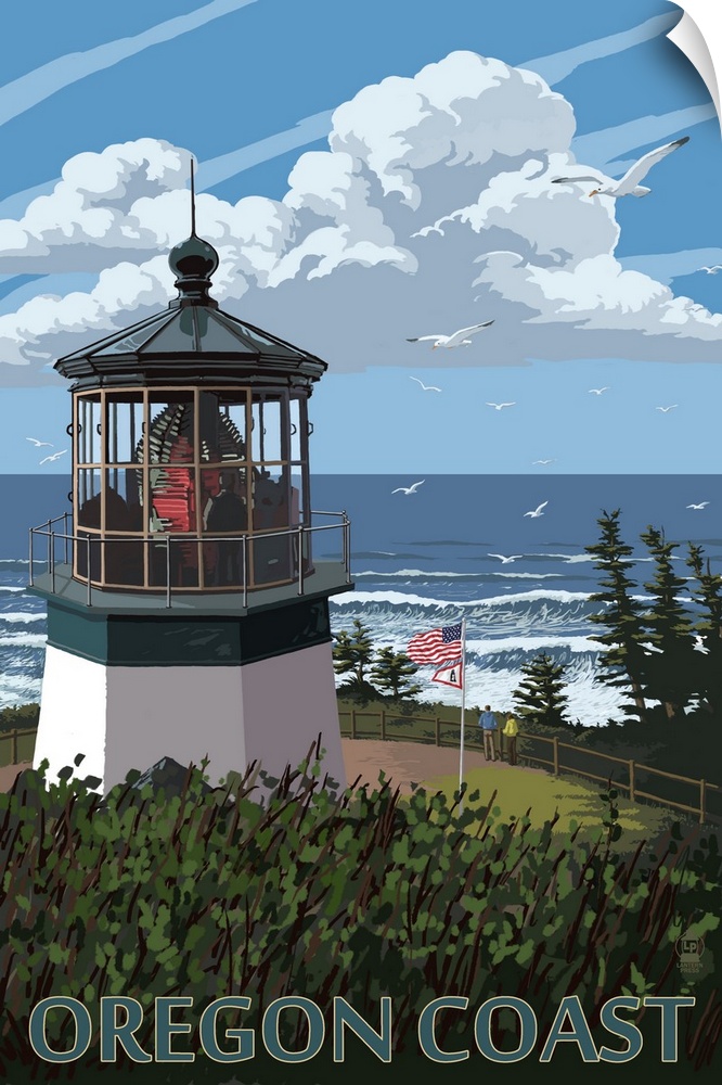 Retro stylized art poster of a lighthouse and a blue ocean in the background, with fluffy clouds in the sky.