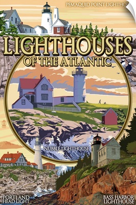 Lighthouses of Maine Montage: Retro Travel Poster