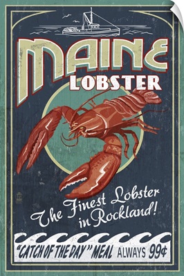 Lobster Vintage Sign - Rockland, Maine: Retro Travel Poster