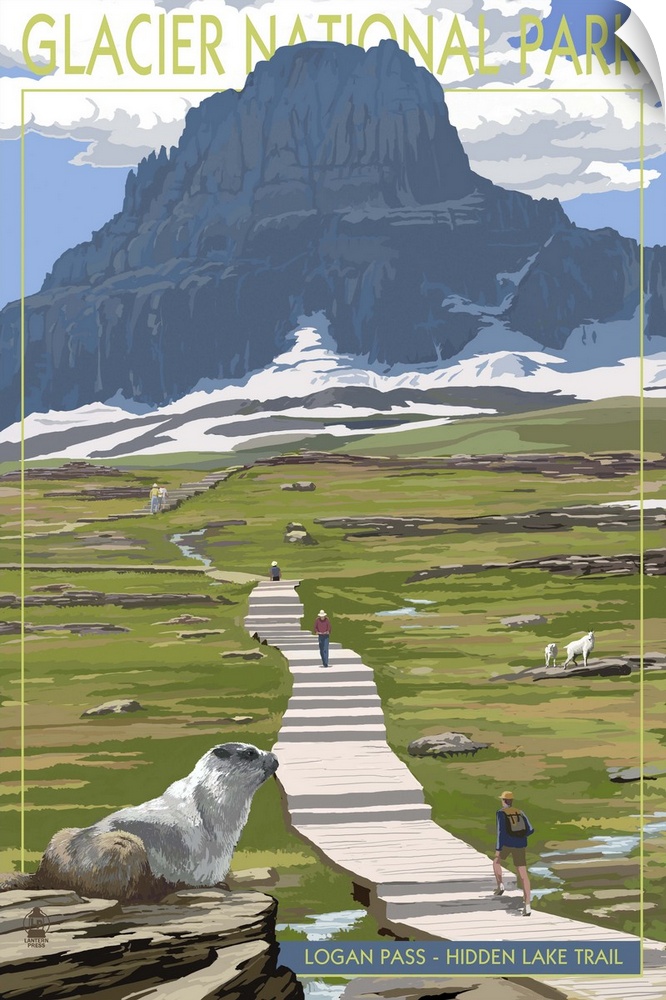 Retro stylized art poster of a long path though a lush green field, leading to a glacier and mountain.