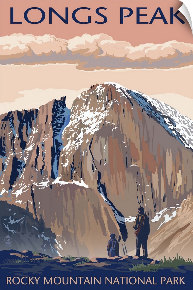 Retro stylized art poster of two hikers gazing out over a mountainous valley.