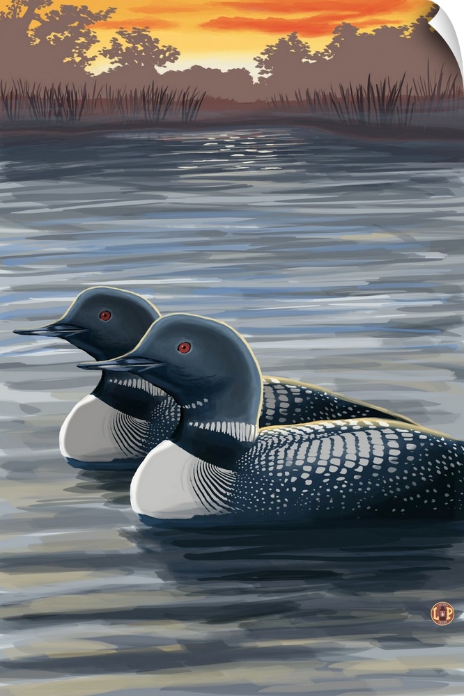 Retro stylized art poster of two loons on a lake, at sunset in the countryside.