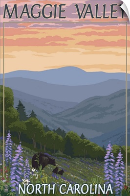 Maggie Valley, North Carolina - Bear Family and Spring Flowers: Retro Travel Poster