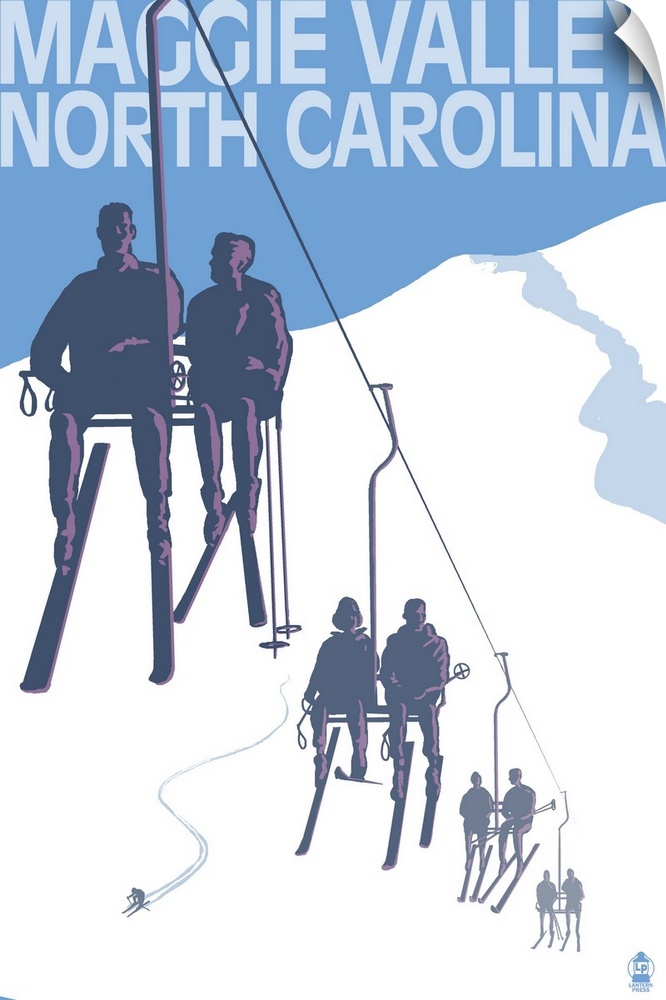Retro stylized art poster of silhouetted skiers on a ski lift.