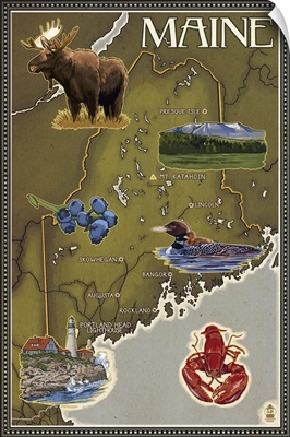 Maine Map and Icons: Retro Travel Poster