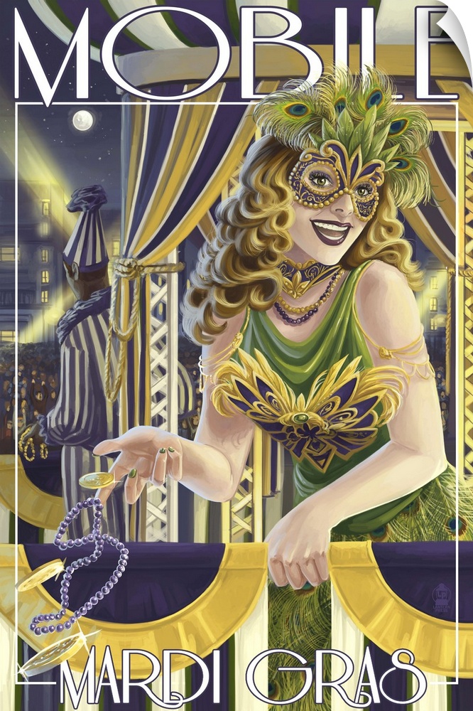 Retro stylized art poster of a woman dressed in a masquerade costume standing on a balcony.