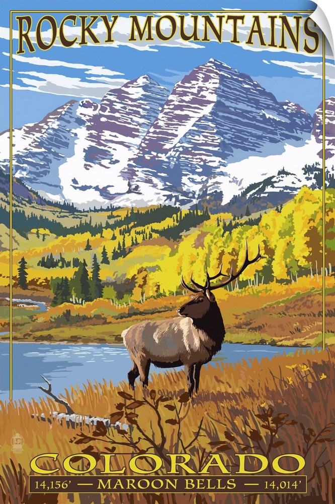 Retro stylized art poster of an elk in the wilderness, with snow covered mountains in the background.
