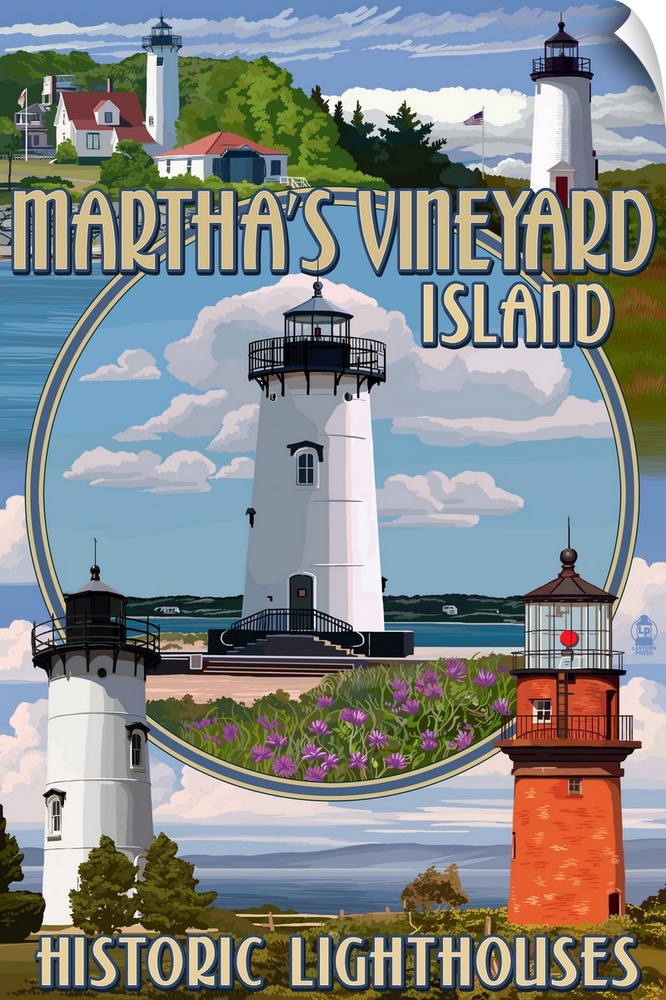 Retro stylized art poster of a collection of lighthouse images with a coastal lighthouse scene in the center of the image.
