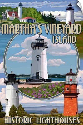 Martha's Vineyard - Lighthouses Montage: Retro Travel Poster