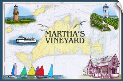 Martha's Vineyard - Nautical Chart: Retro Travel Poster