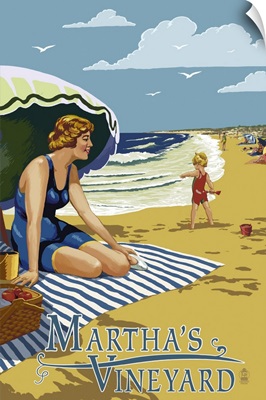Martha's Vineyard - Woman on Beach: Retro Travel Poster
