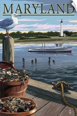 Maryland - Blue Crab and Oysters on Dock: Retro Travel Poster