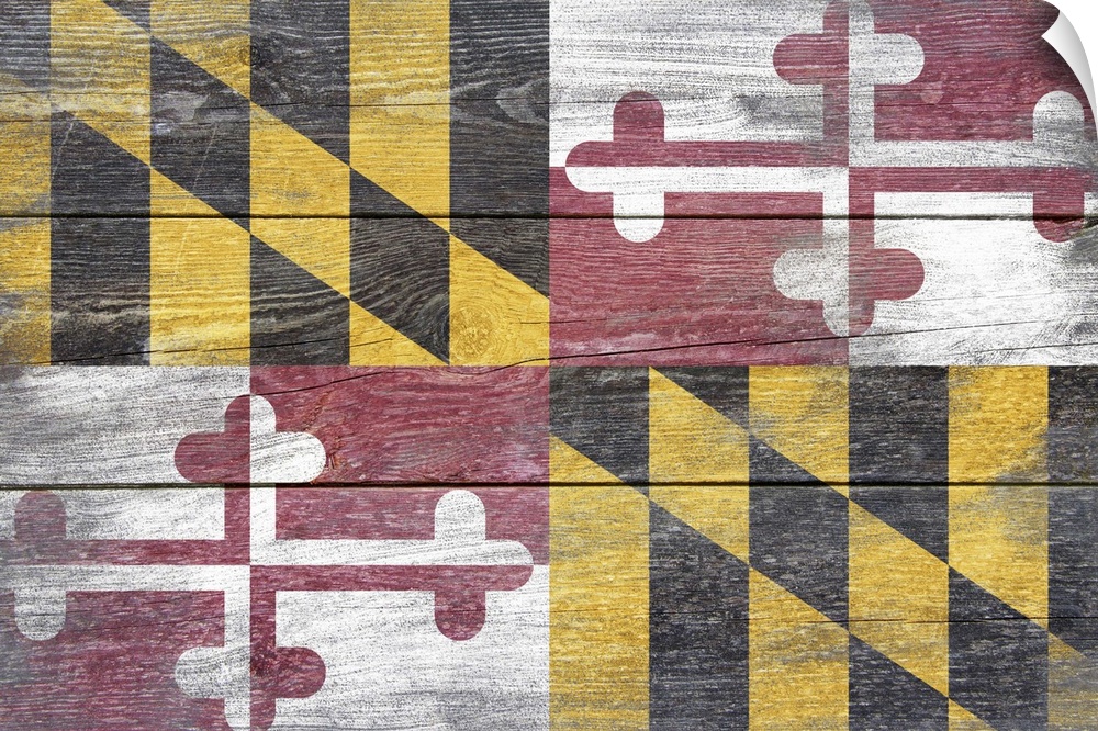 The flag of Maryland with a weathered wooden board effect.