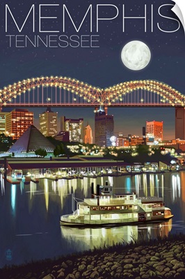 Memphis, Tennessee - Memphis Skyline at Night: Retro Travel Poster