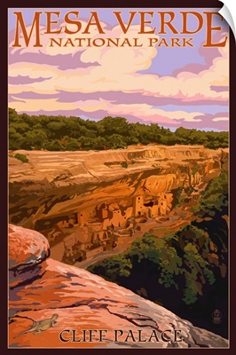 Mesa Verde National Park, Colorado - Cliff Palace at Sunset: Retro Travel Poster