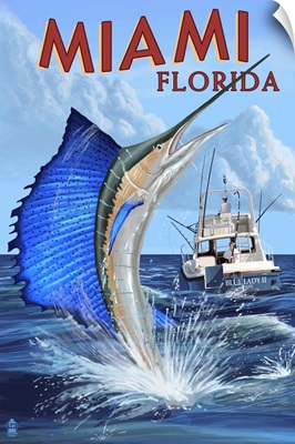 Miami, Florida - Deep Sea Fishing: Retro Travel Poster