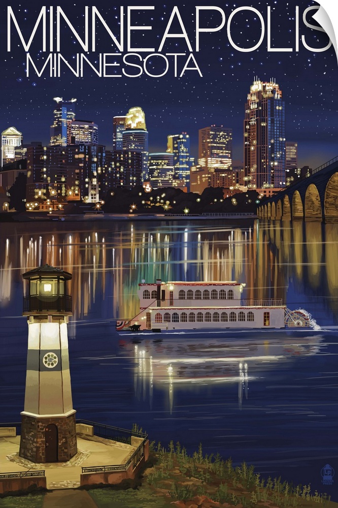 Minneapolis, Minnesota - Skyline at Night: Retro Travel Poster