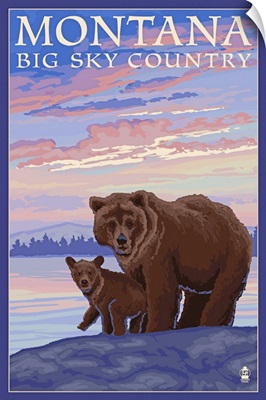 Montana - Big Sky Country - Bear and Cub: Retro Travel Poster